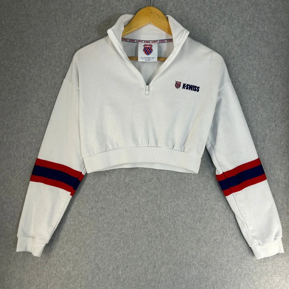 K-Swiss x‎ Forever 21 White 1/4 Zip Cropped Sweatshirt Striped Womens Size Small